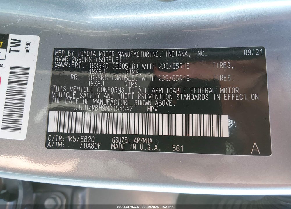 2021 TOYOTA HIGHLANDER XLE VIN: 5TDHZRBH9MS154547
