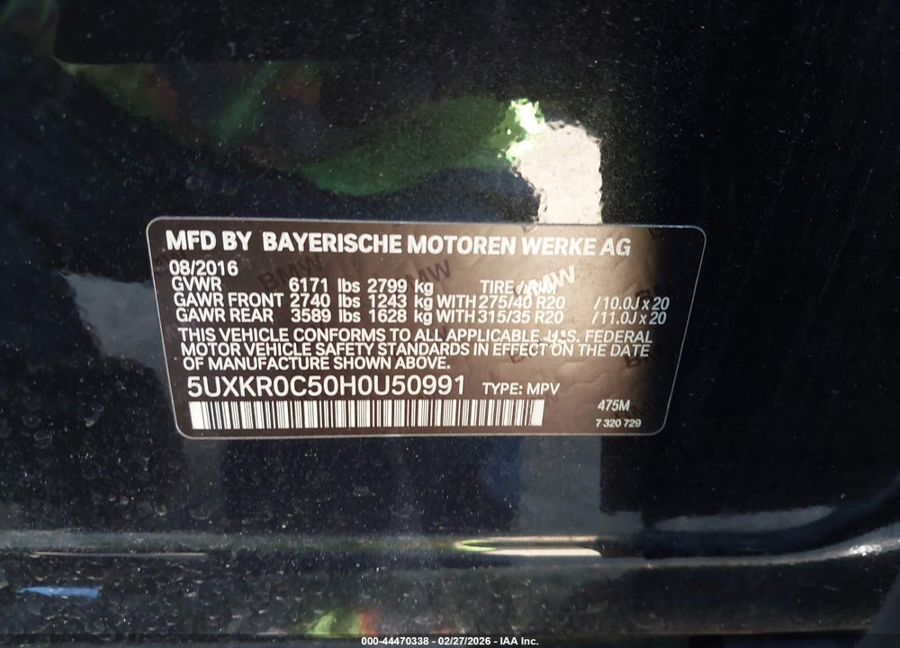 2017 BMW X5 XDRIVE35I VIN: 5UXKR0C50H0U50991
