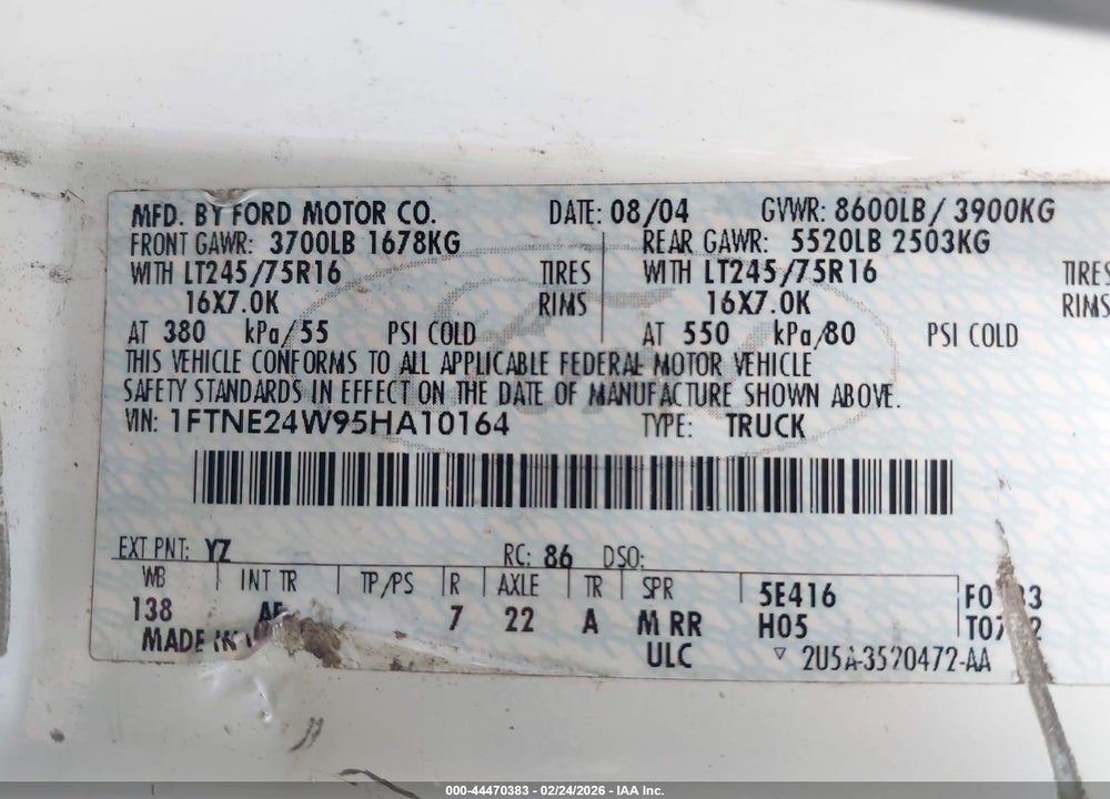 2005 FORD E-250 COMMERCIAL/RECREATIONAL VIN: 1FTNE24W95HA10164