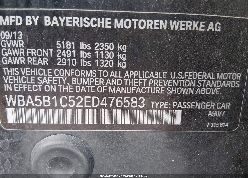 2014 BMW 535I VIN: WBA5B1C52ED476583