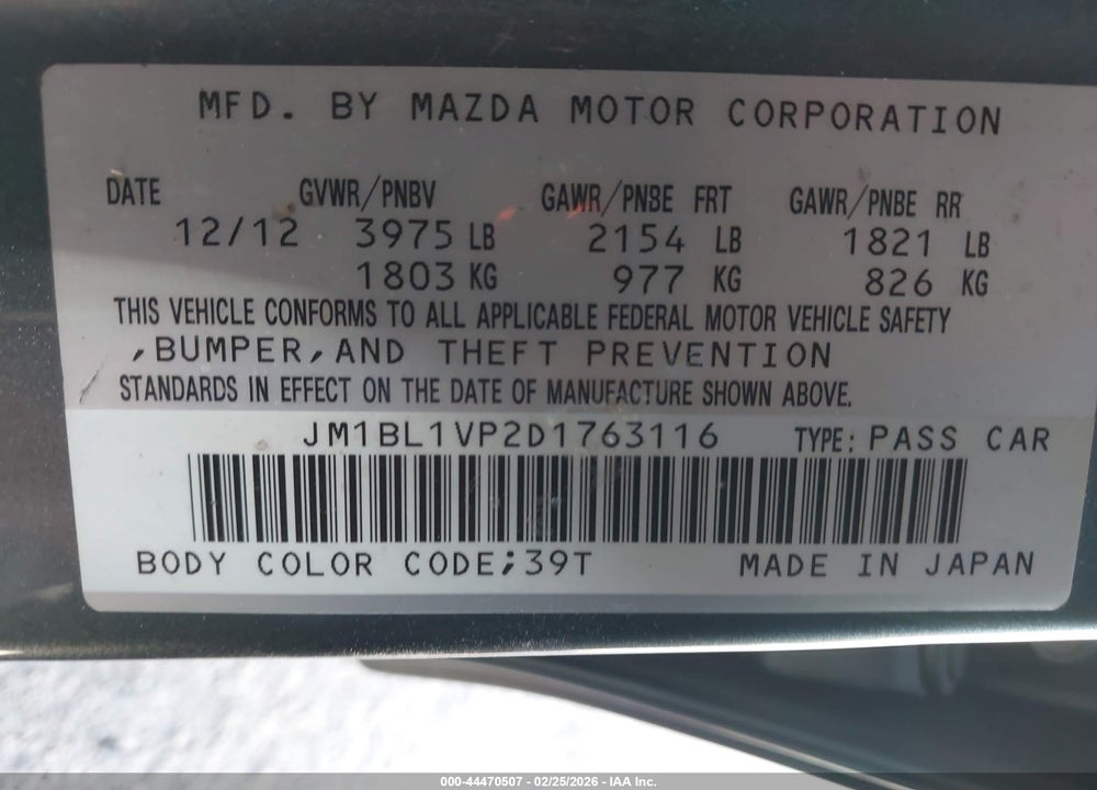 2013 MAZDA 3 VIN: JM1BL1VP2D1763116