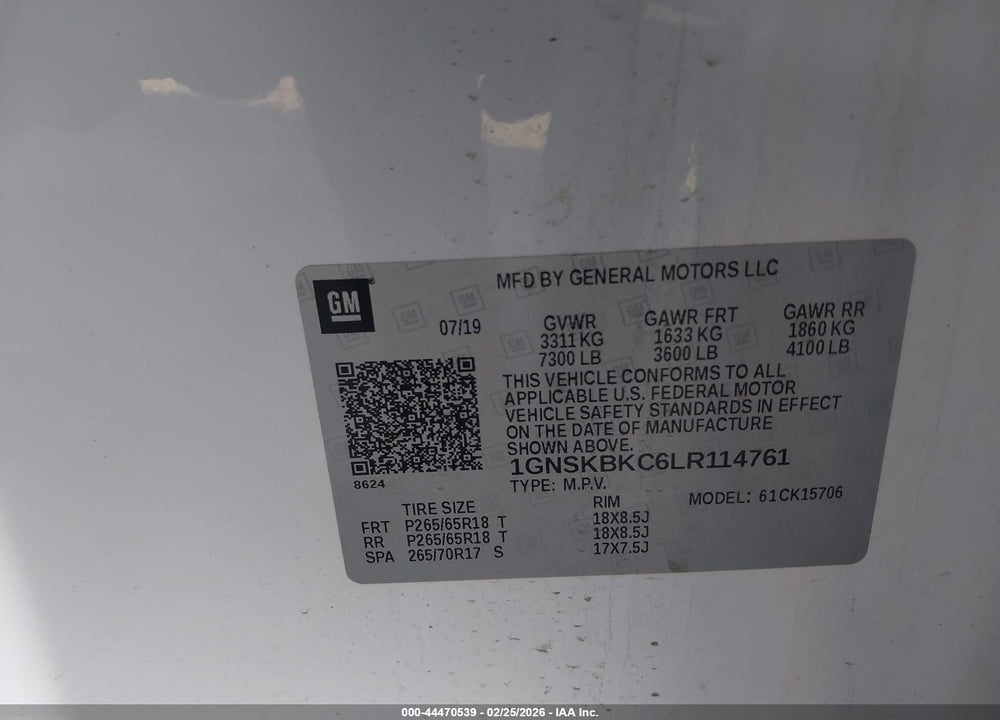 2020 CHEVROLET TAHOE 4WD LT VIN: 1GNSKBKC6LR114761
