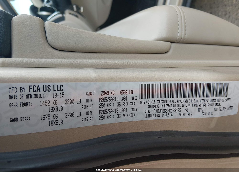 2015 JEEP GRAND CHEROKEE LIMITED VIN: 1C4RJFBG8FC173175