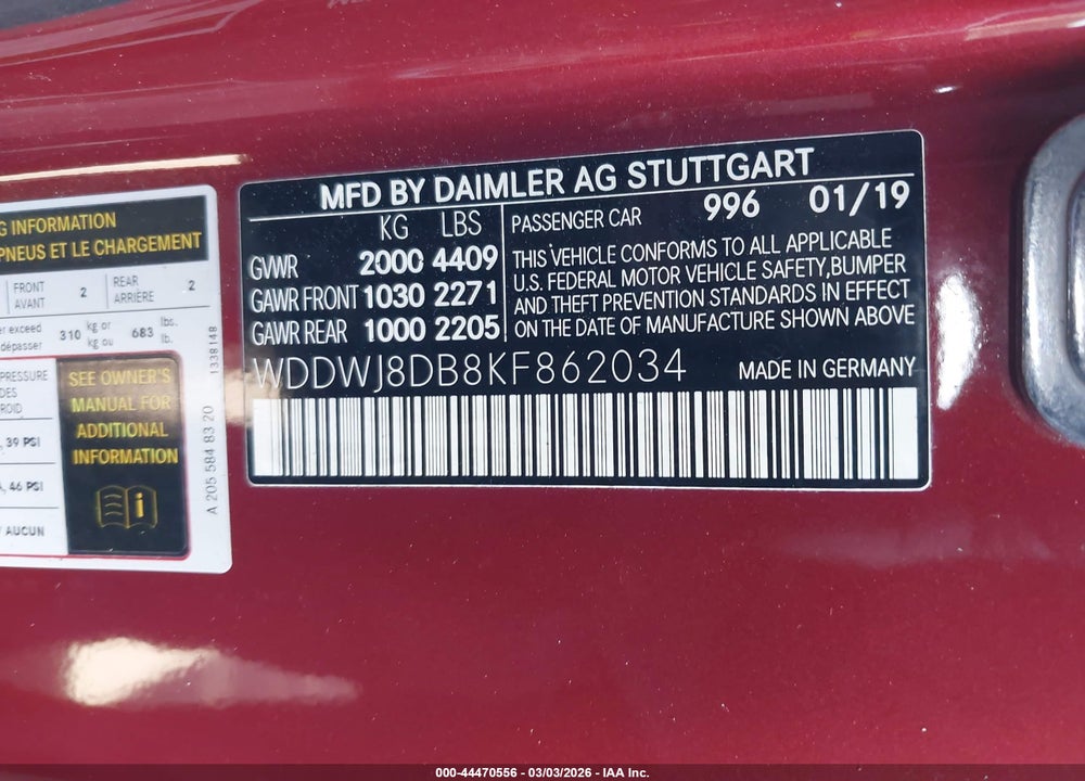 2019 MERCEDES-BENZ C 300 VIN: WDDWJ8DB8KF862034