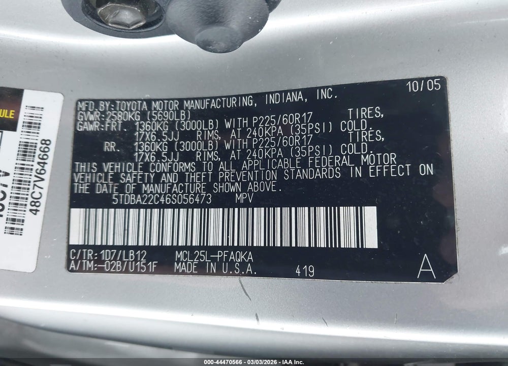 2006 TOYOTA SIENNA XLE LIMITED VIN: 5TDBA22C46S056473