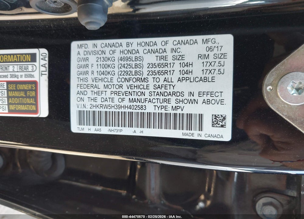 2017 HONDA CR-V LX VIN: 2HKRW5H39HH402583