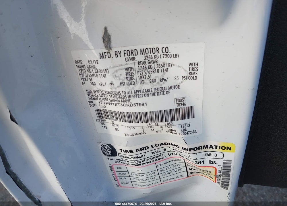 2012 FORD F-150 XLT VIN: 1FTFW1ET3CKD57991
