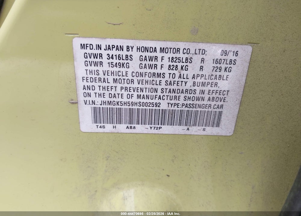 2017 HONDA FIT LX VIN: JHMGK5H59HS002592