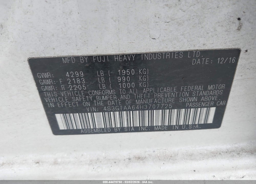 2017 SUBARU IMPREZA 2.0I VIN: 4S3GTAA64H3707725