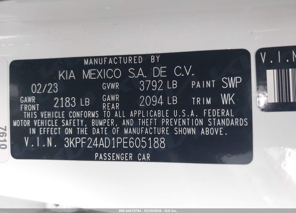 2023 KIA FORTE LXS VIN: 3KPF24AD1PE605188