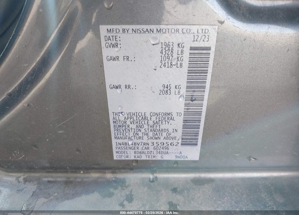 2024 NISSAN ALTIMA S FWD VIN: 1N4BL4BV7RN359562