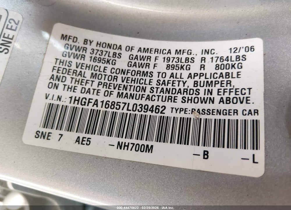 2007 HONDA CIVIC EX VIN: 1HGFA16857L039462