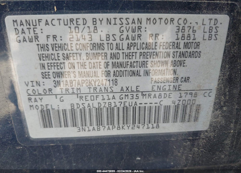 2019 NISSAN SENTRA SV VIN: 3N1AB7AP8KY247118