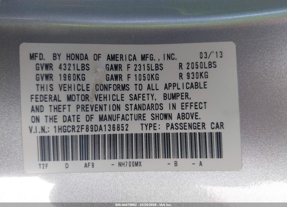 2013 HONDA ACCORD EX-L VIN: 1HGCR2F89DA136852