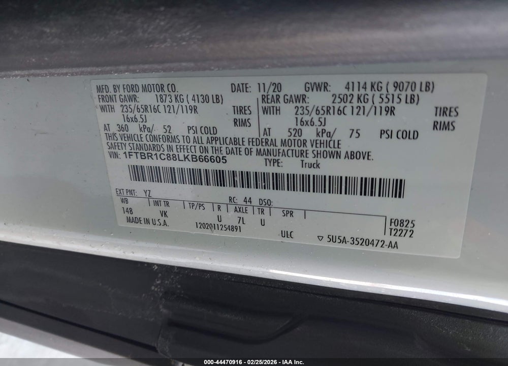 2020 FORD TRANSIT-250 VIN: 1FTBR1C88LKB66605