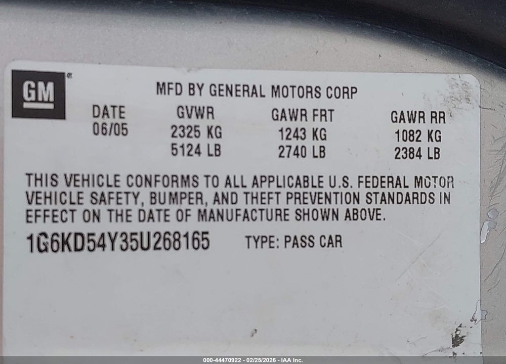 2005 CADILLAC DEVILLE LIVERY VIN: 1G6KD54Y35U268165