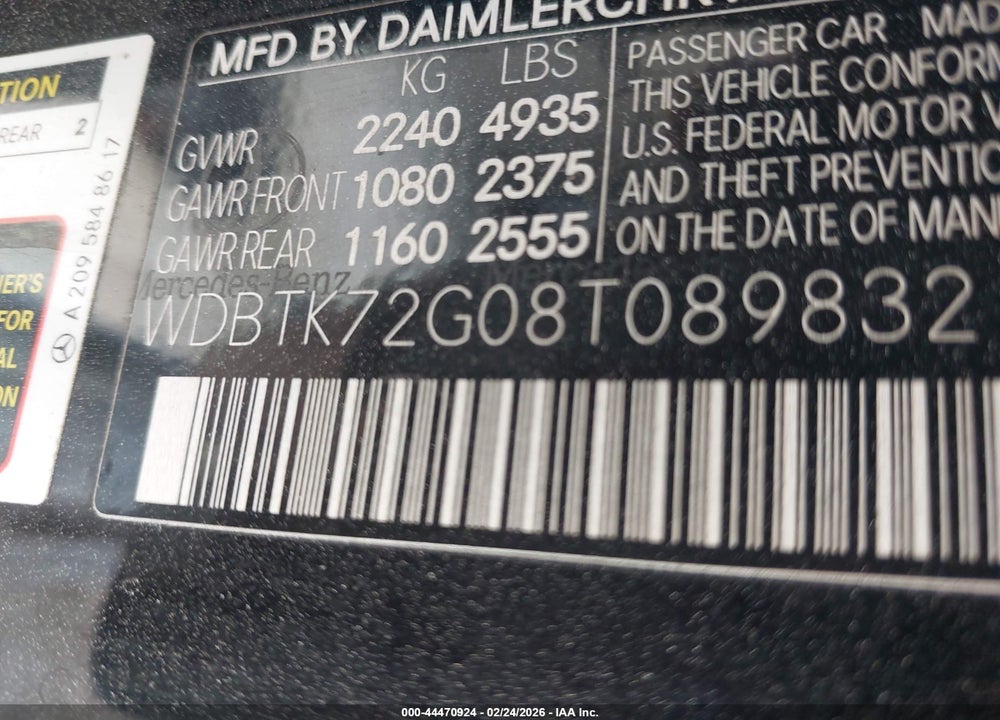 2008 MERCEDES-BENZ CLK 550 VIN: WDBTK72G08T089832