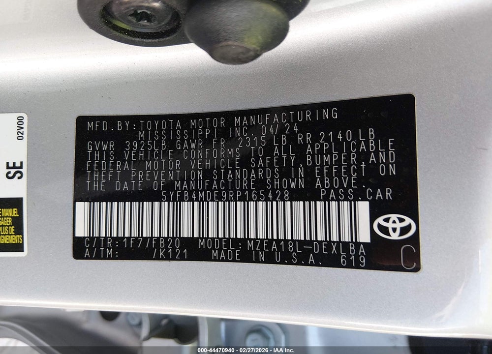 2024 TOYOTA COROLLA LE VIN: 5YFB4MDE9RP165428