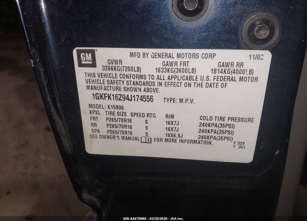 2004 GMC YUKON XL 1500 SLE VIN: 1GKFK16Z94J174556