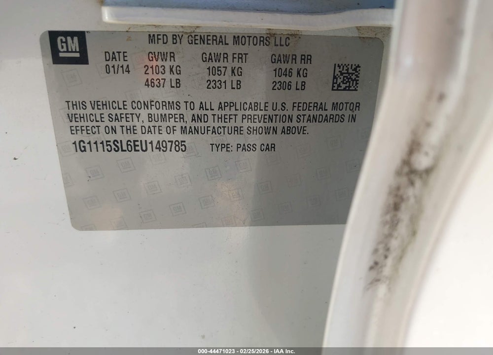 2014 CHEVROLET IMPALA 1LT VIN: 1G1115SL6EU149785