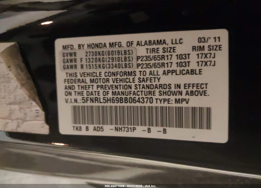 2011 HONDA ODYSSEY EX-L VIN: 5FNRL5H69BB064370