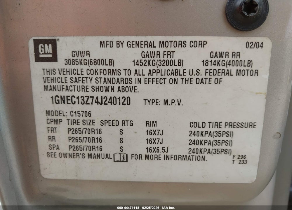 2004 CHEVROLET TAHOE LS VIN: 1GNEC13Z74J240120
