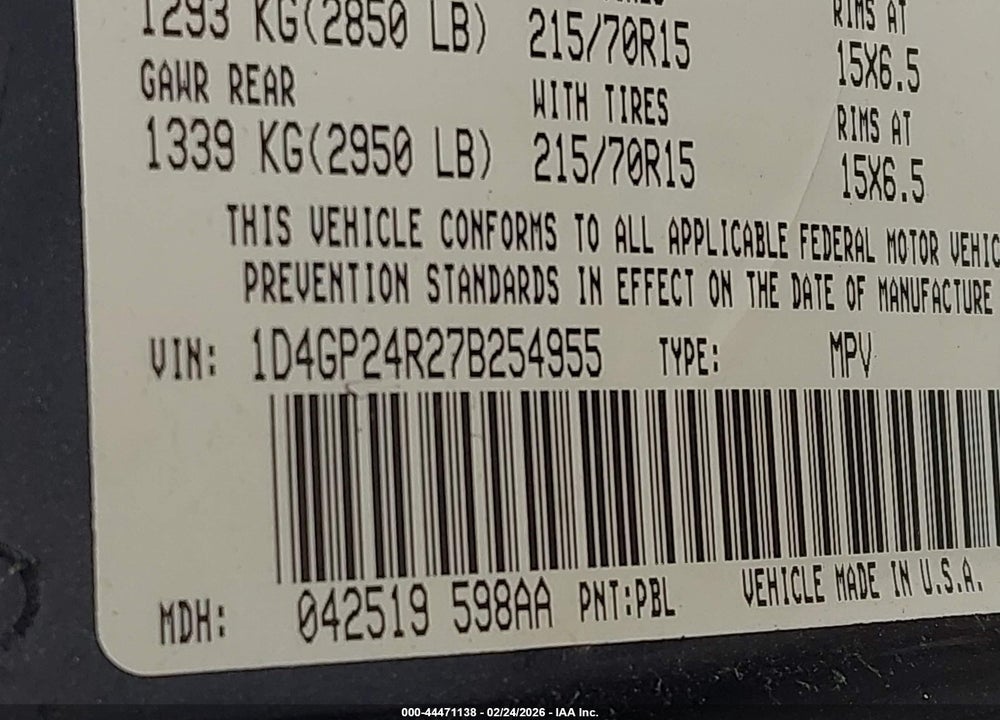 2007 DODGE GRAND CARAVAN SE VIN: 1D4GP24R27B254955