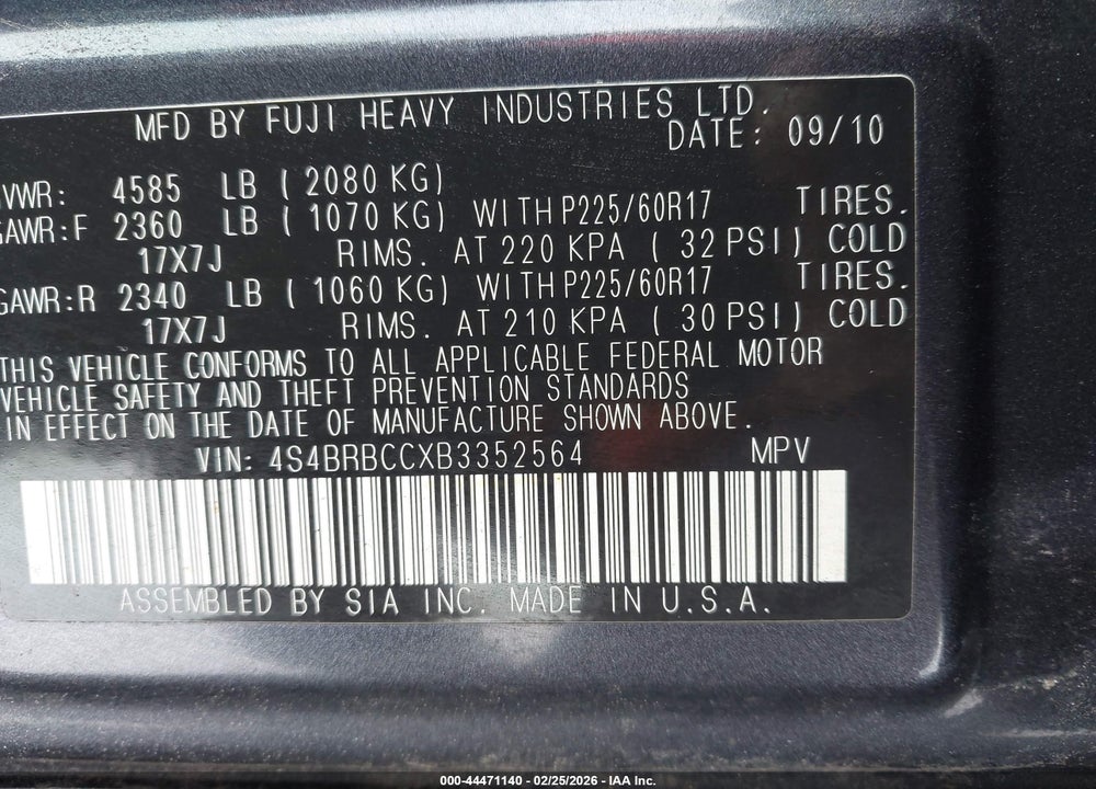 2011 SUBARU OUTBACK 2.5I PREMIUM VIN: 4S4BRBCCXB3352564