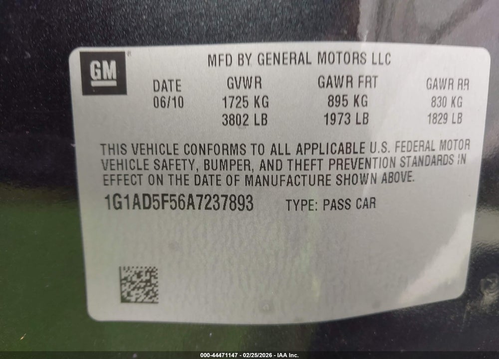 2010 CHEVROLET COBALT LT VIN: 1G1AD5F56A7237893