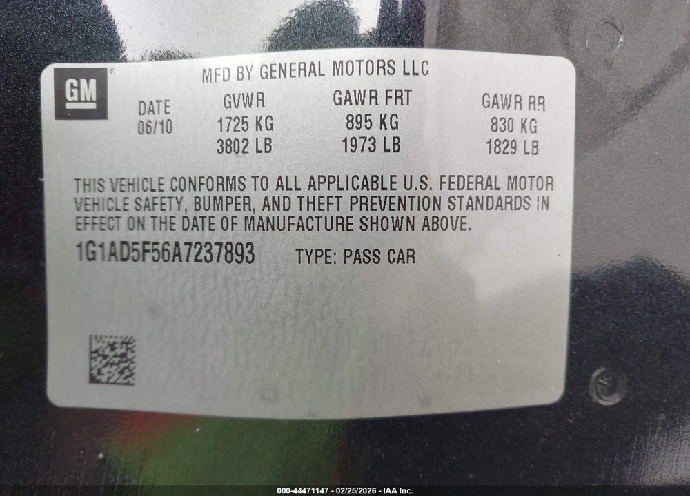 2010 CHEVROLET COBALT LT VIN: 1G1AD5F56A7237893