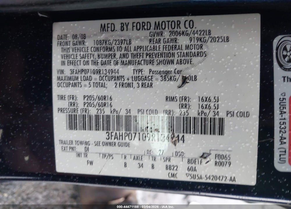 2009 FORD FUSION SE VIN: 3FAHP07109R134944