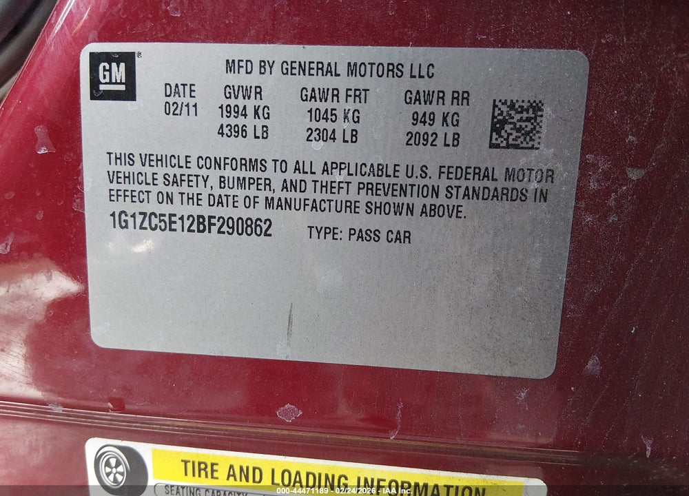 2011 CHEVROLET MALIBU 1LT VIN: 1G1ZC5E12BF290862