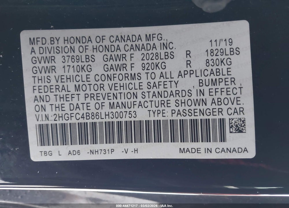 2020 HONDA CIVIC SPORT VIN: 2HGFC4B86LH300753