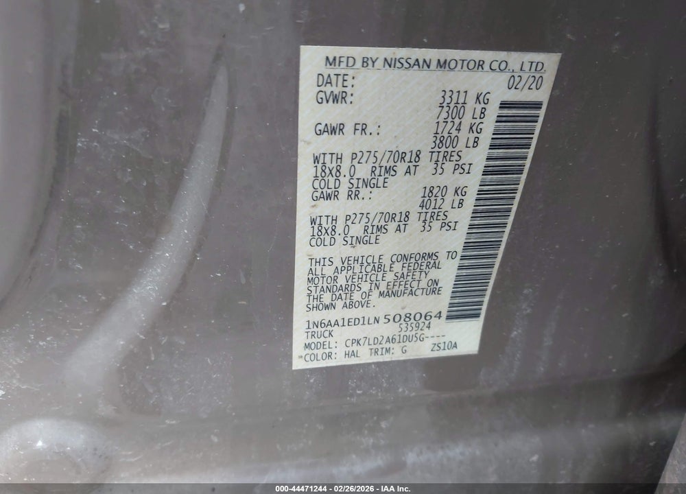2020 NISSAN TITAN PRO-4X 4X4 VIN: 1N6AA1ED1LN508064