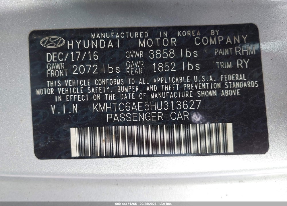 2017 HYUNDAI VELOSTER TURBO VIN: KMHTC6AE5HU313627