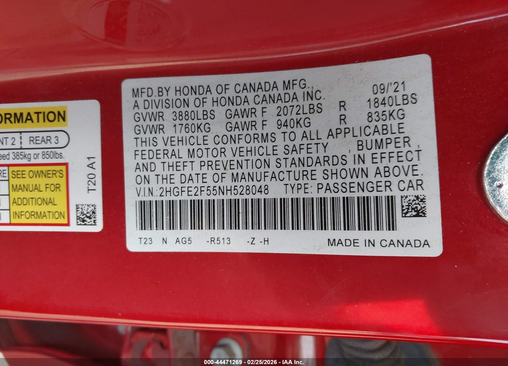 2022 HONDA CIVIC SPORT VIN: 2HGFE2F55NH528048