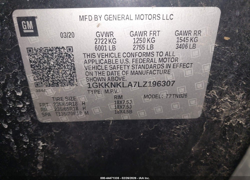 2020 GMC ACADIA SLE VIN: 1GKKNKLA7LZ196307