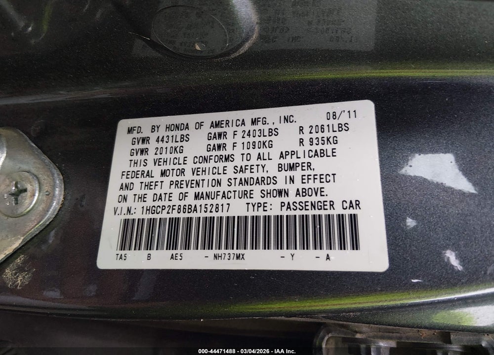 2011 HONDA ACCORD 2.4 EX-L VIN: 1HGCP2F86BA152817