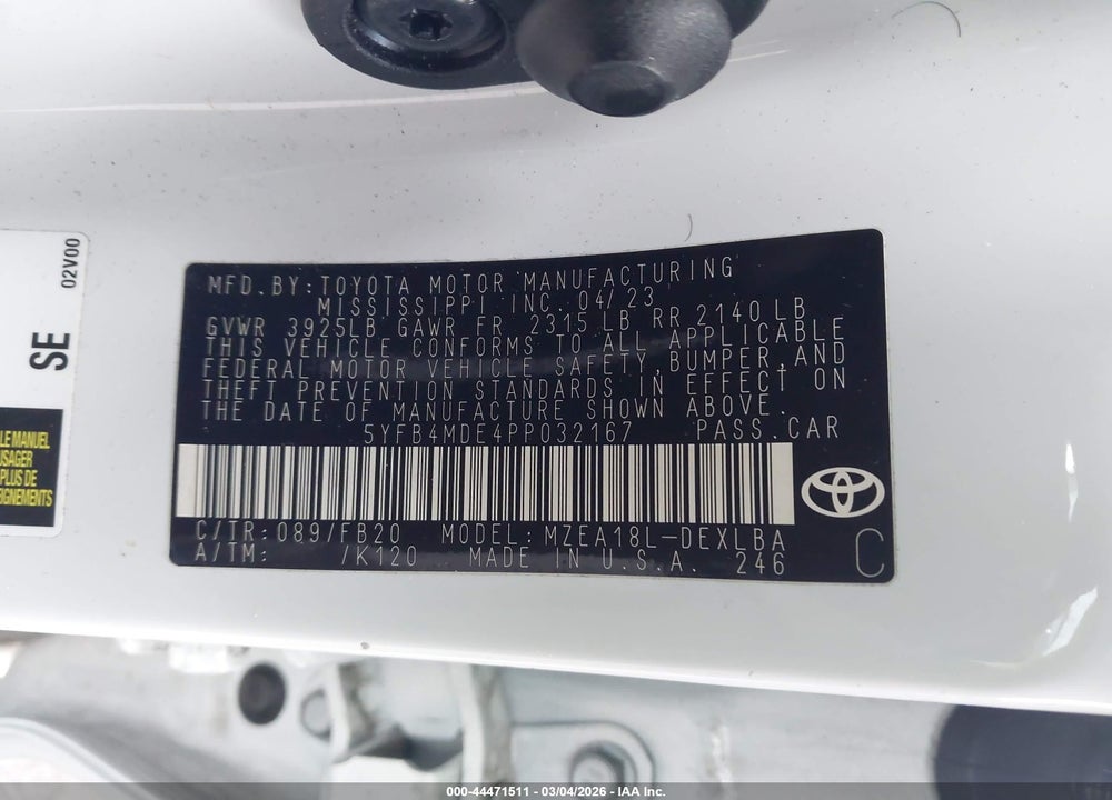2023 TOYOTA COROLLA LE VIN: 5YFB4MDE4PP032167