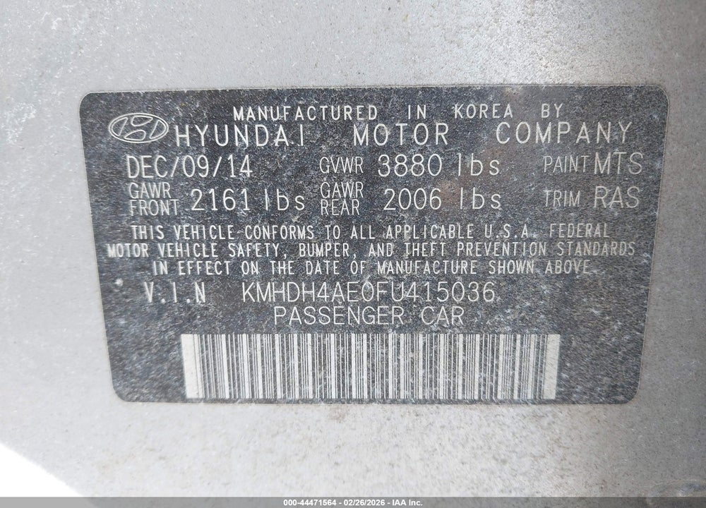2015 HYUNDAI ELANTRA SE VIN: KMHDH4AE0FU415036