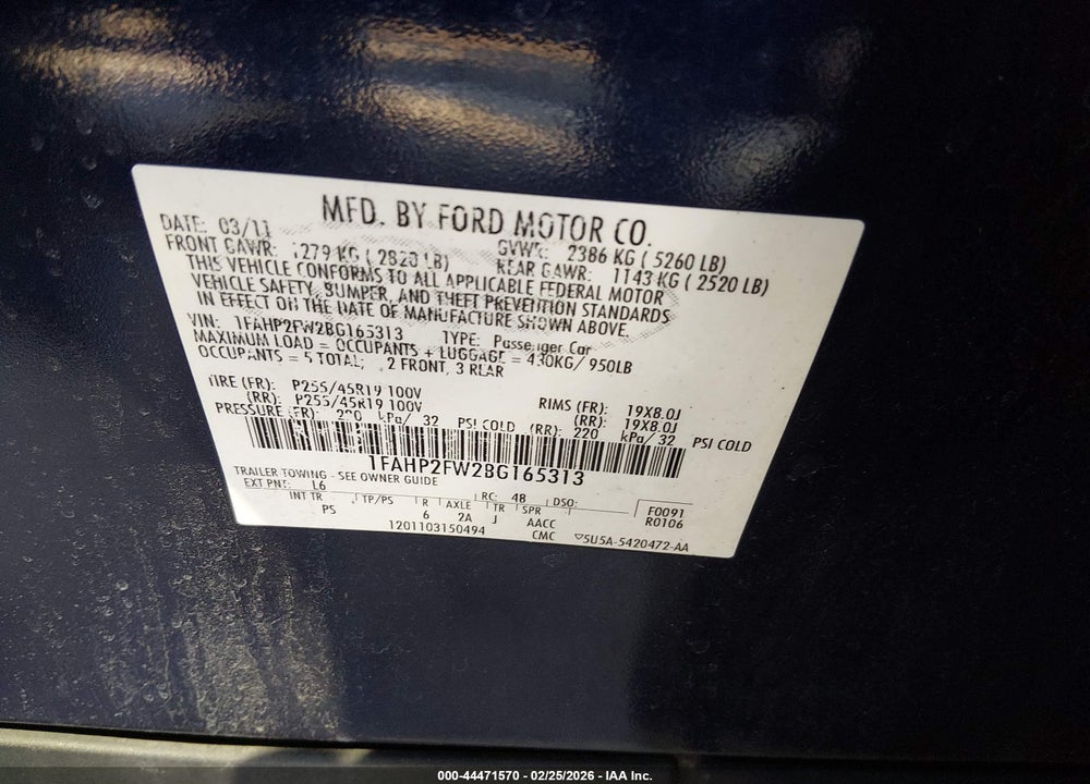 2011 FORD TAURUS LIMITED VIN: 1FAHP2FW2BG165313
