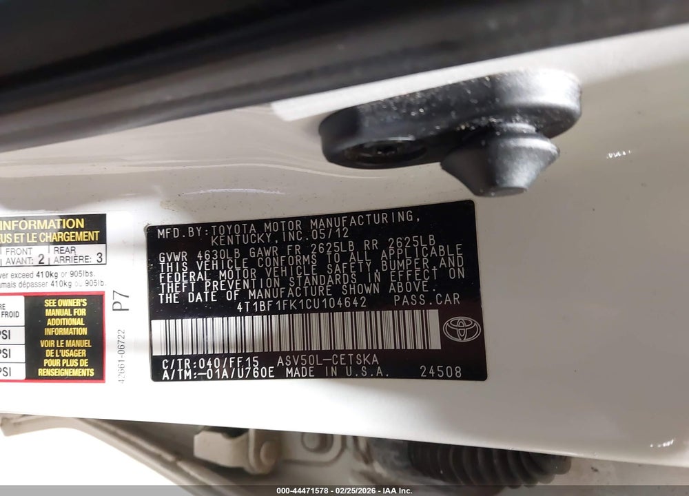 2012 TOYOTA CAMRY SE VIN: 4T1BF1FK1CU104642
