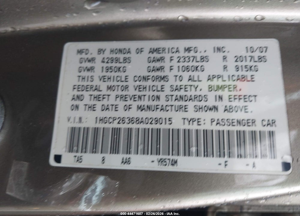 2008 HONDA ACCORD 2.4 LX VIN: 1HGCP26368A029015