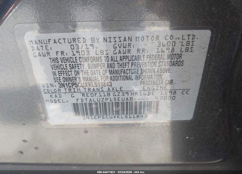 2019 NISSAN KICKS SR VIN: 3N1CP5CUXKL511843