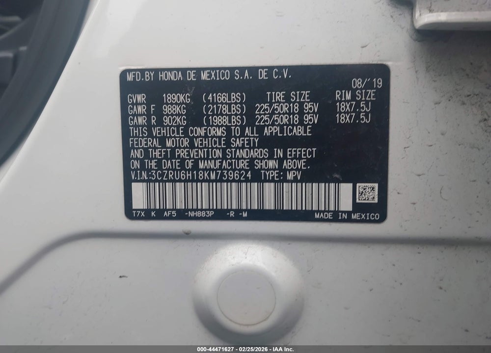 2019 HONDA HR-V SPORT VIN: 3CZRU6H18KM739624