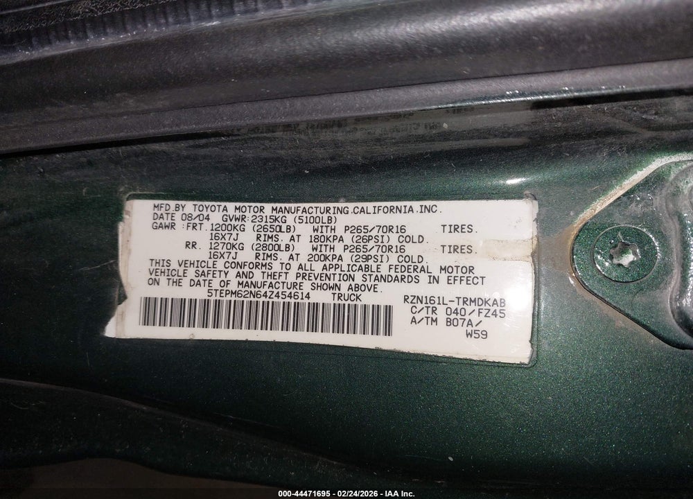2004 TOYOTA TACOMA VIN: 5TEPM62N64Z454614
