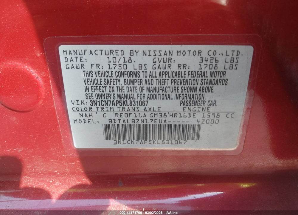 2019 NISSAN VERSA 1.6 SV VIN: 3N1CN7AP5KL831067