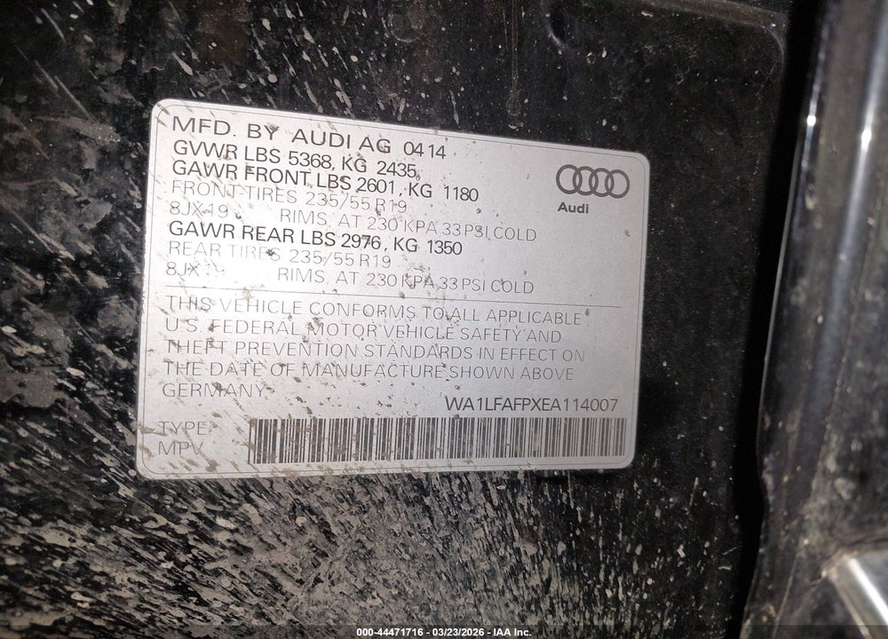 2014 AUDI Q5 2.0T PREMIUM VIN: WA1LFAFPXEA114007