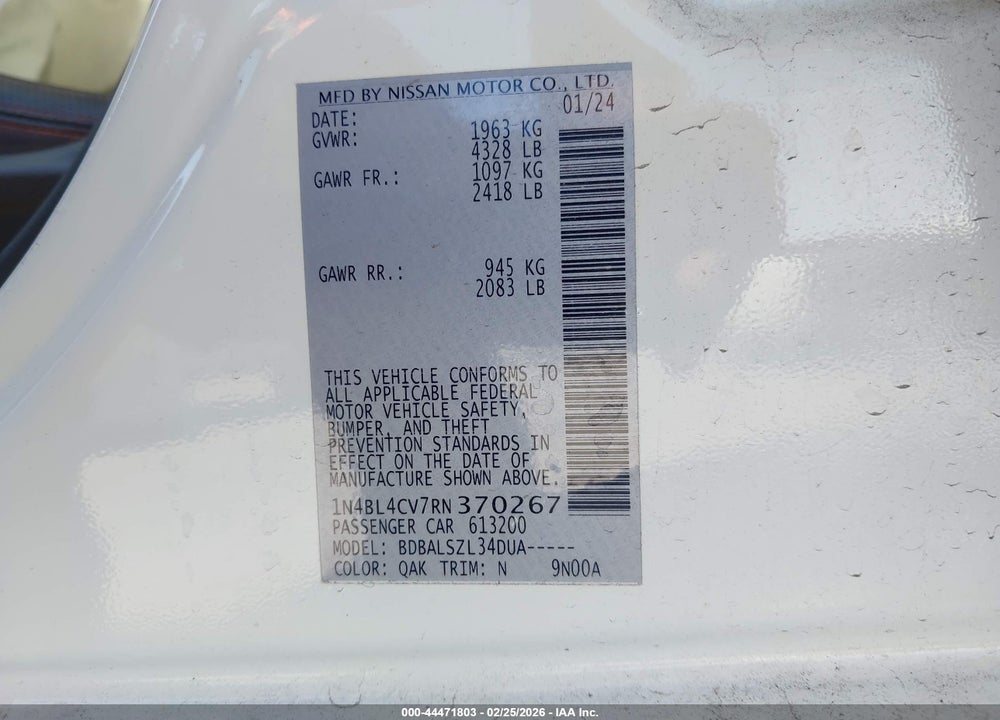 2024 NISSAN ALTIMA SR FWD VIN: 1N4BL4CV7RN370267