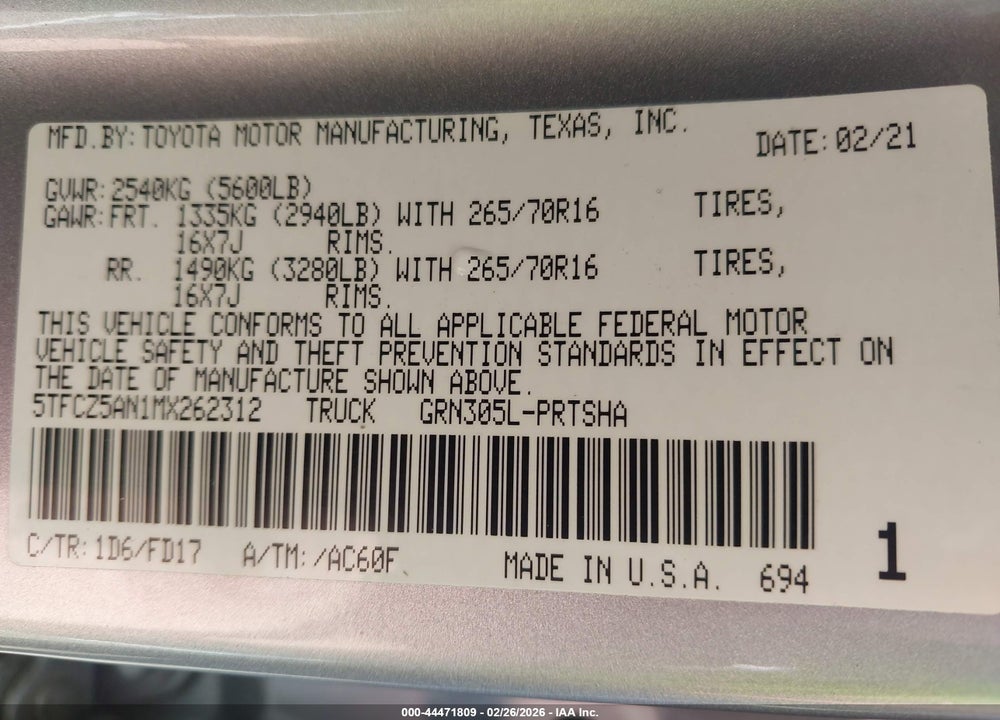 2021 TOYOTA TACOMA TRD OFF-ROAD VIN: 5TFCZ5AN1MX262312